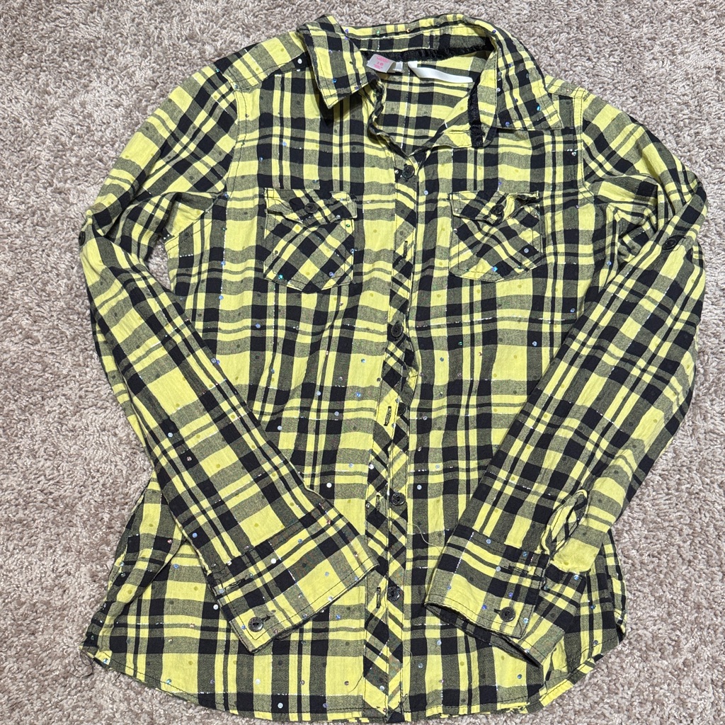 Justice Yellow And Black Plaid ButtonUp Shirt  Aa3